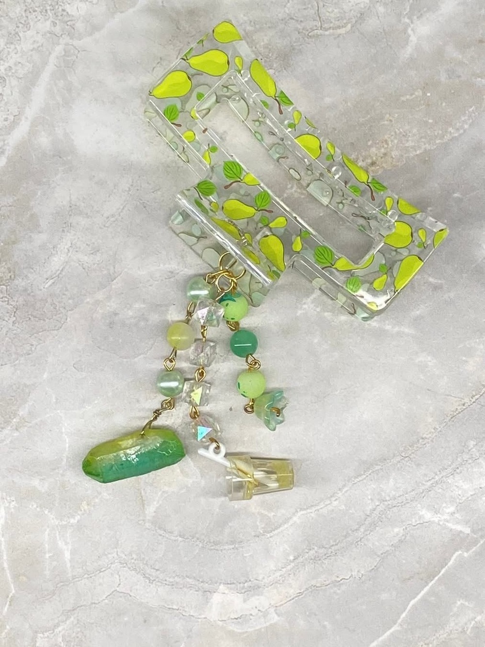Clear Resin Hair Clip with Lime Green Pear Motif and Green Bead Charms